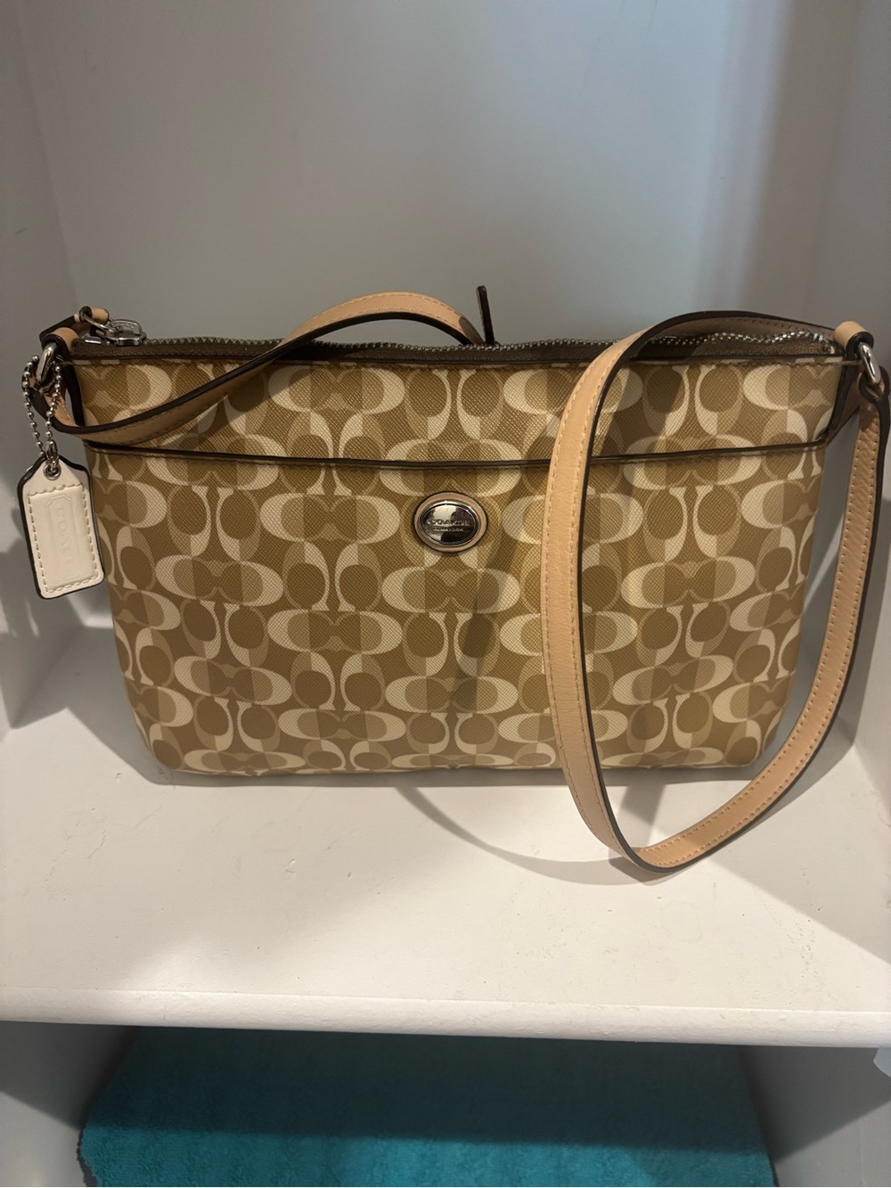 Coach Beige Signature Canvas Shoulder Bag with Leather Trim